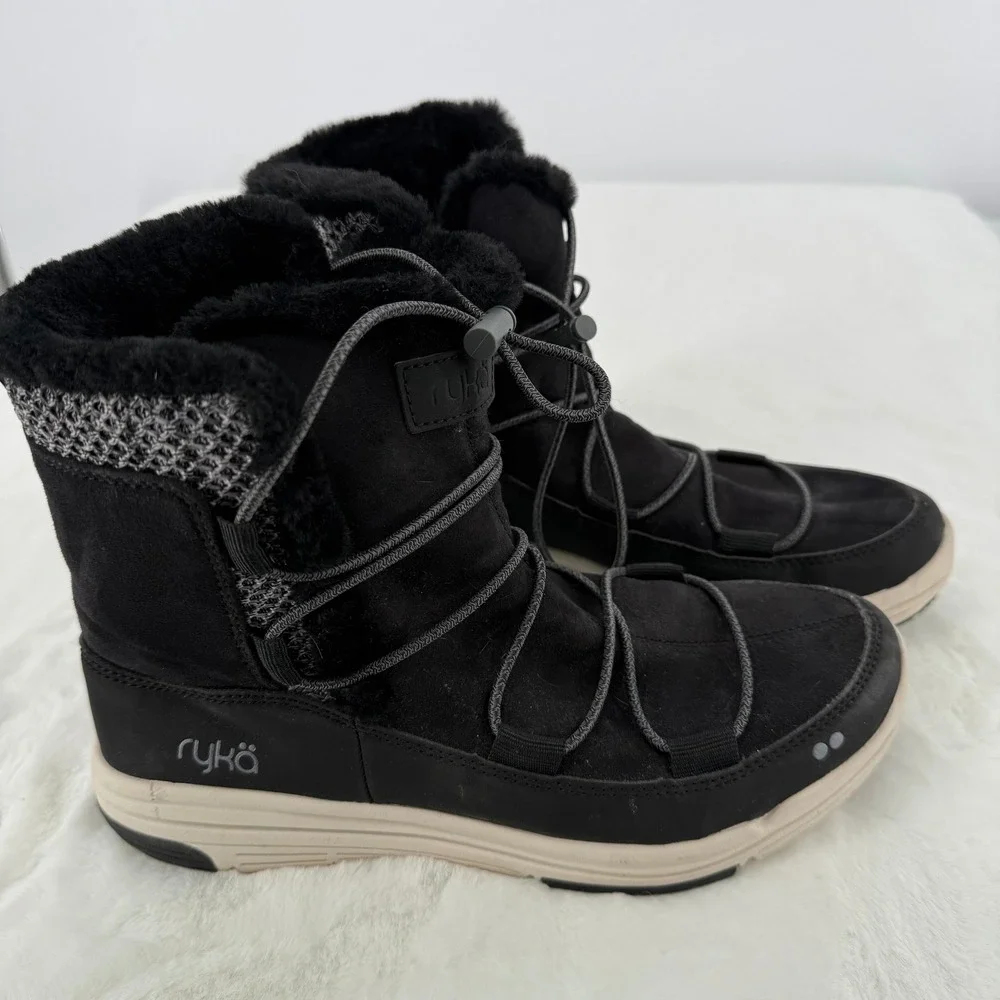 Ryka Aubonne Faux Shearling Bungee‎ Lace Boots Black Women's Size 8